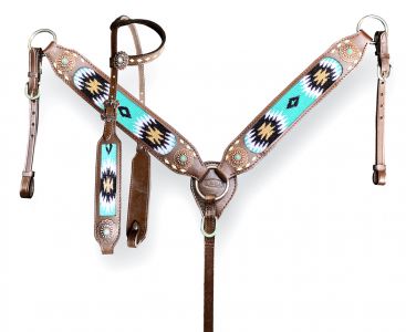 Showman Browband Headstall & Breast collar set with wool southwest blanket inlay and white buckstitch accents